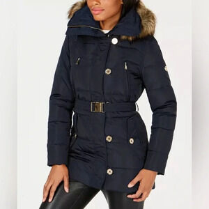 Michael Kors Longline Belted Puffer Coat Women’s  XXS Navy Faux-Fur-Trim Jacket